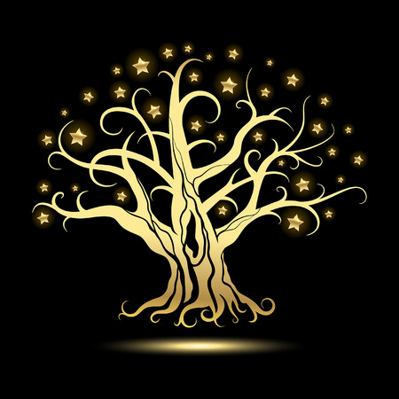 golden tree with stars on a black backgroundのイラスト素材