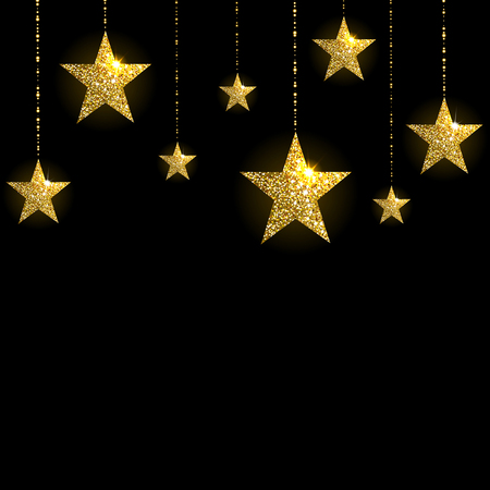 sparkling gold stars on a black backgroundのイラスト素材