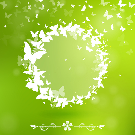 banner with butterflies on a green backgroundのイラスト素材