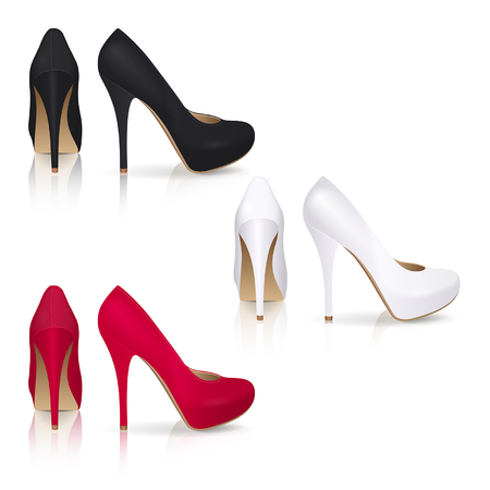 High-heeled shoes in black, white and red color on a white background