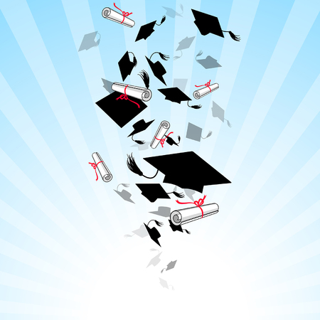 caps graduates and diploma whirlwind in the skyのイラスト素材