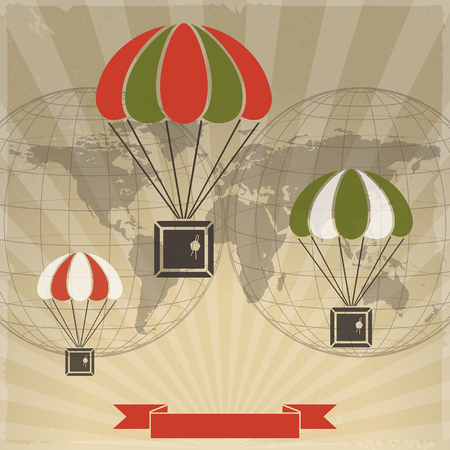 parcels with parachutes on world map backgroundのイラスト素材