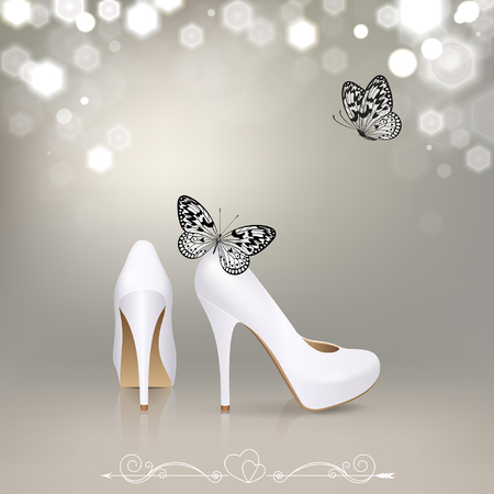 white high-heeled shoes with black and white butterfliesのイラスト素材