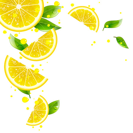 lemon slices with splashes of juice on a white backgroundのイラスト素材