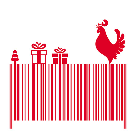 barcode with a red rooster and gifts on a white backgroundのイラスト素材