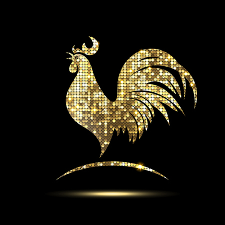golden rooster of glittering spangles on a black backgroundのイラスト素材