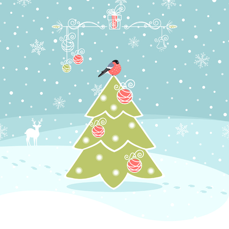 winter background with Christmas tree and bullfinchのイラスト素材
