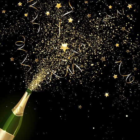 congratulatory champagne with gold confetti on a black backgroundのイラスト素材
