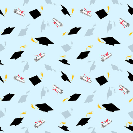 seamless pattern with graduation caps and diplomas on a background of blue skyのイラスト素材
