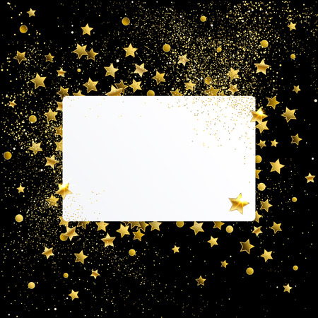 empty white banner with gold confetti stars on a black backgroundのイラスト素材