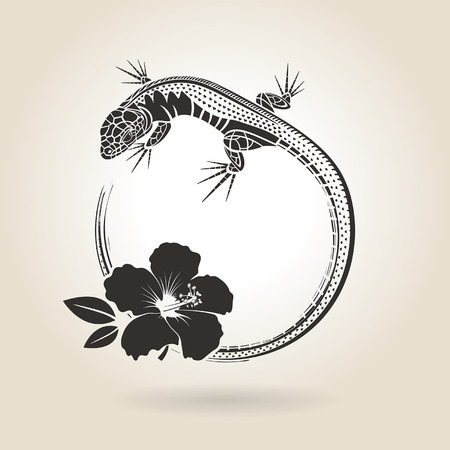lizard and hibiscus icon on a light backgroundのイラスト素材