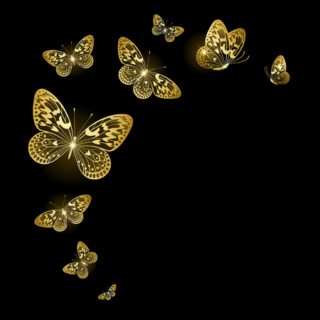 stylized gold butterflies on a black backgroundのイラスト素材