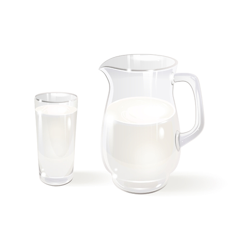 Milk in a glass jug and a glass on a white backgroundのイラスト素材