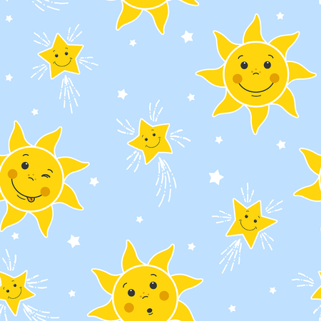 seamless pattern with funny suns and stars on a blue sky backgroundのイラスト素材