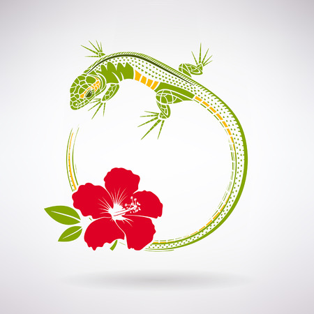 green lizard and red hibiscus on a light backgroundのイラスト素材