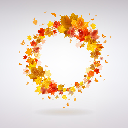 Autumn wreath of maple leaves with butterflies on a light backgroundのイラスト素材