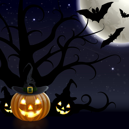 Halloween vector background with pumpkin in the hat and batsのイラスト素材
