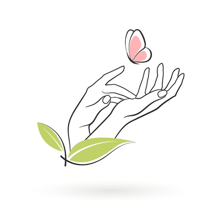 Icon of female hands with butterfly on white backgroundのイラスト素材