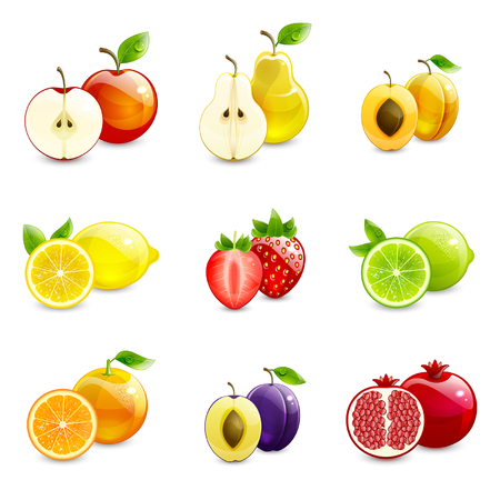 set of bright fruits and their halves on a white backgroundのイラスト素材