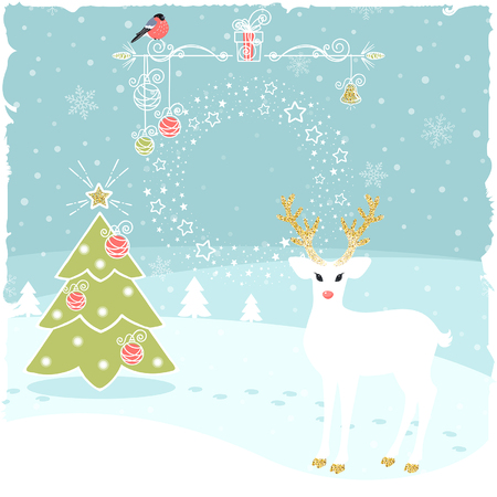Christmas greeting card with fairy deer and christmas treeのイラスト素材