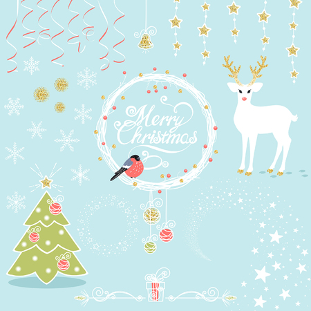 vector set of Christmas decorative elements with a deer, a bullfinch and a Christmas treeのイラスト素材