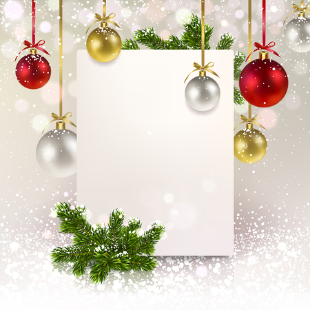 Christmas greeting banner with Christmas balls and a spruce branch on a pearly backgroundのイラスト素材