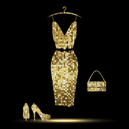 luxurious golden  dress, high-heeled shoes, bag on a black backgroundのイラスト素材