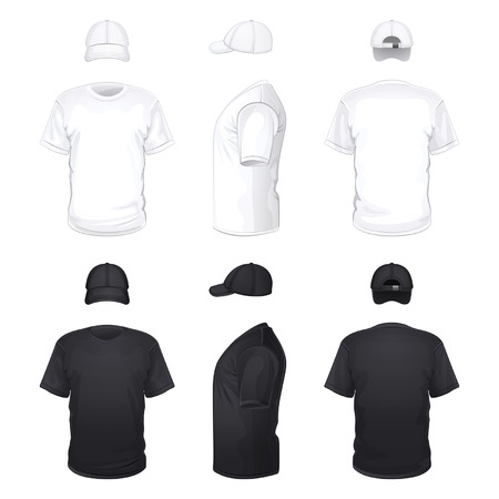 White and black T-shirts and caps on a white backgroundのイラスト素材