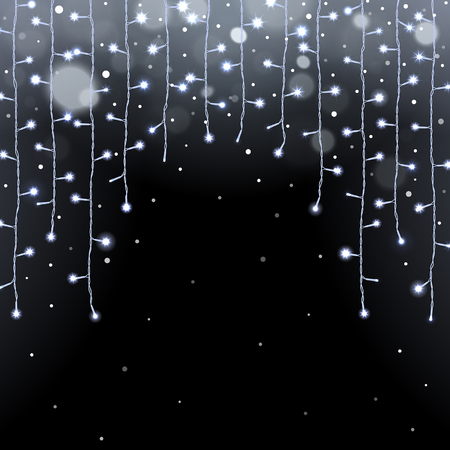 Glowing Christmas lights garland and falling snow on a black backgroundのイラスト素材
