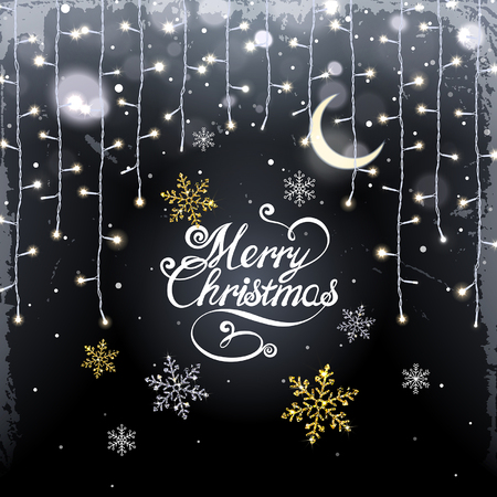 Christmas background with glistening garland and snowflakes on a black backgroundのイラスト素材