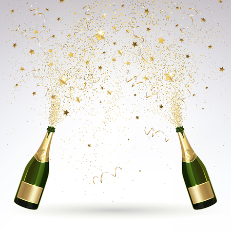 Greeting card with champagne and gold confetti vector illustrationのイラスト素材