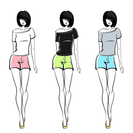 Female modeling different colors of t-shirt on  a white backgroundのイラスト素材