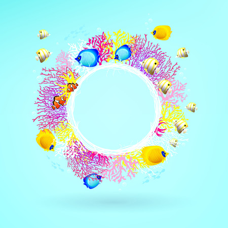round banner of coral with bright sea fishes on a blue backgroundのイラスト素材