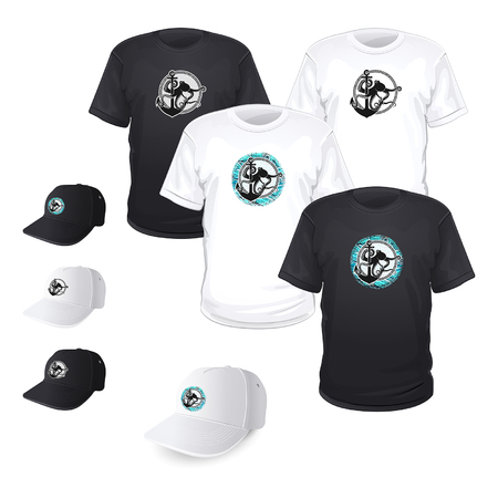 print of octopus on T-shirt and cap in white and blackのイラスト素材
