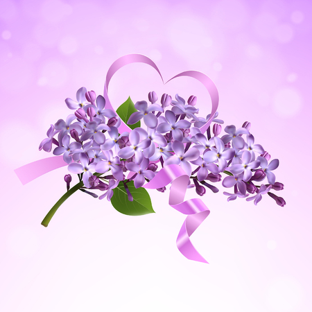Lilac branch with a pink satin ribbon in the shape of a heartのイラスト素材