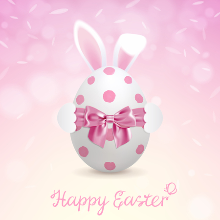 Easter greeting card with a bunny hiding behind an Easter egg on a pink backgroundのイラスト素材
