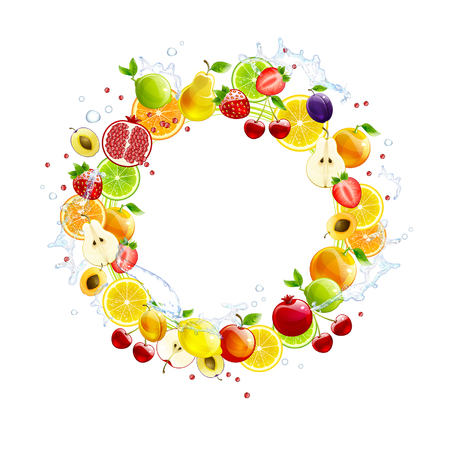 Round banner of fresh fruits on a white background.のイラスト素材