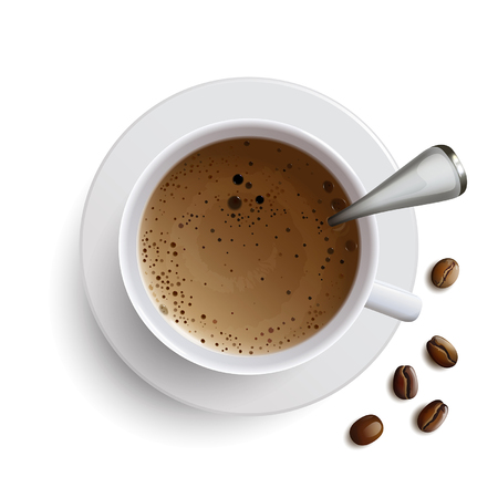 Cup of coffee with a spoon and coffee beans on a white backgroundのイラスト素材