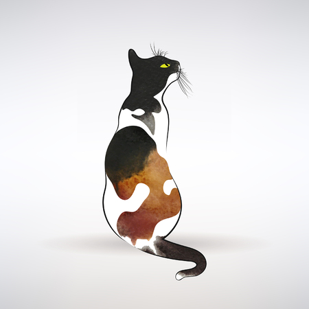 A stylized cat with spots of watercolor isolated on plain gray background.のイラスト素材