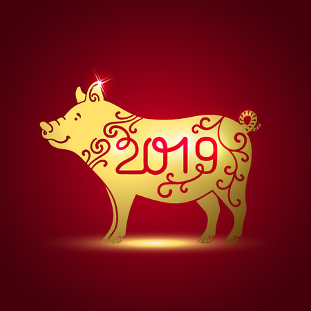 Symbol of a golden pig on a red backgroundのイラスト素材