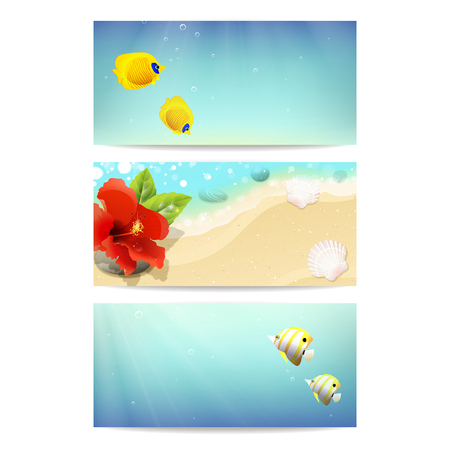 banners with sea, beach, coral fishes and red hibiscusのイラスト素材