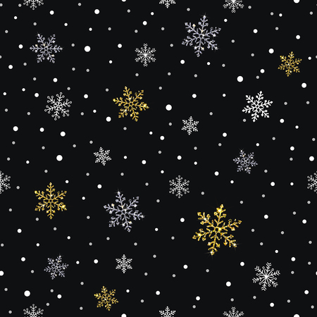 snowflakes gold and silver seamless pattern on a dark backgroundのイラスト素材