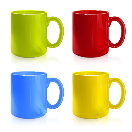 set of green, red, blue, yellow cups on white backgroundのイラスト素材