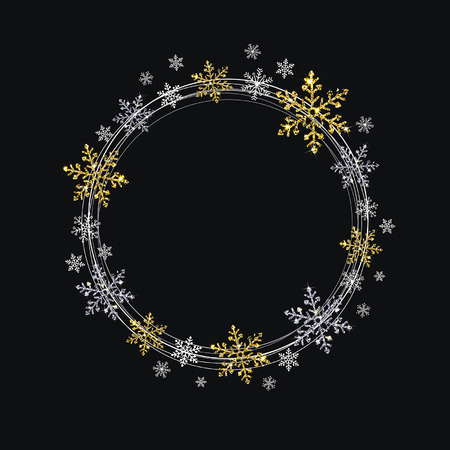 wreath of decorative gold and silver snowflakes on a black backgroundのイラスト素材
