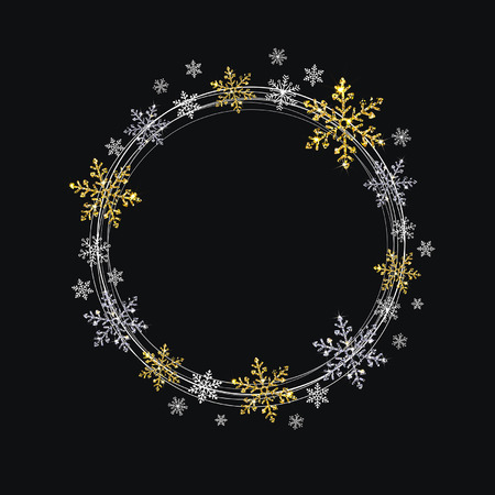 wreath of decorative gold and silver snowflakes on a black backgroundの素材 [FY310132325239]