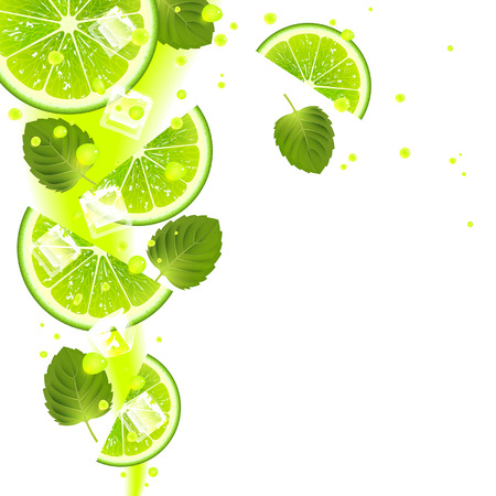 lime with mint leaves and splashes of juice on a white backgroundのイラスト素材
