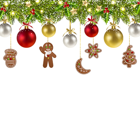christmas banner with christmas gingerbread and balls on white backgroundのイラスト素材