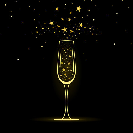 stylized glass of champagne with confetti of gold stars on a black backgroundのイラスト素材