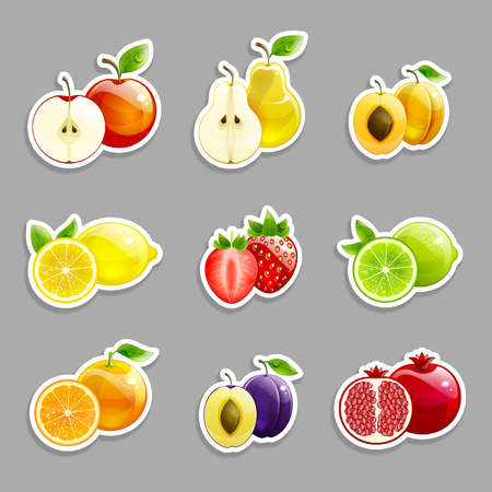 set of labels from  bright fruits and their halves on a gray backgroundのイラスト素材