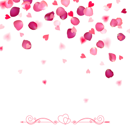 confetti from falling rose petals and hearts on a white backgroundのイラスト素材